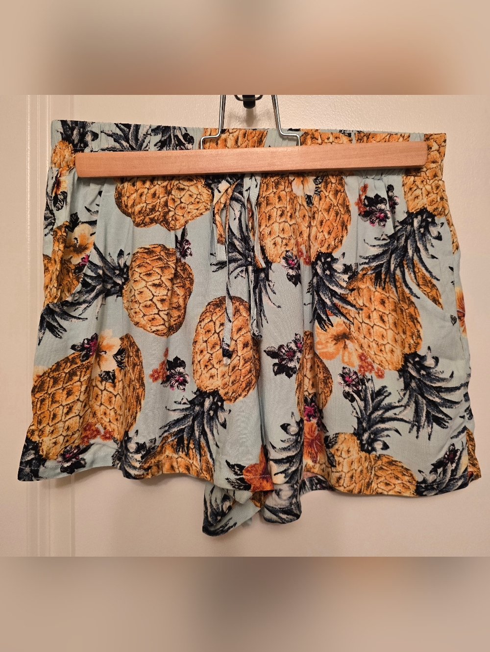 Gypsies & Moondust Pineapple Print Shorts - Yellow on Light Blue Size M